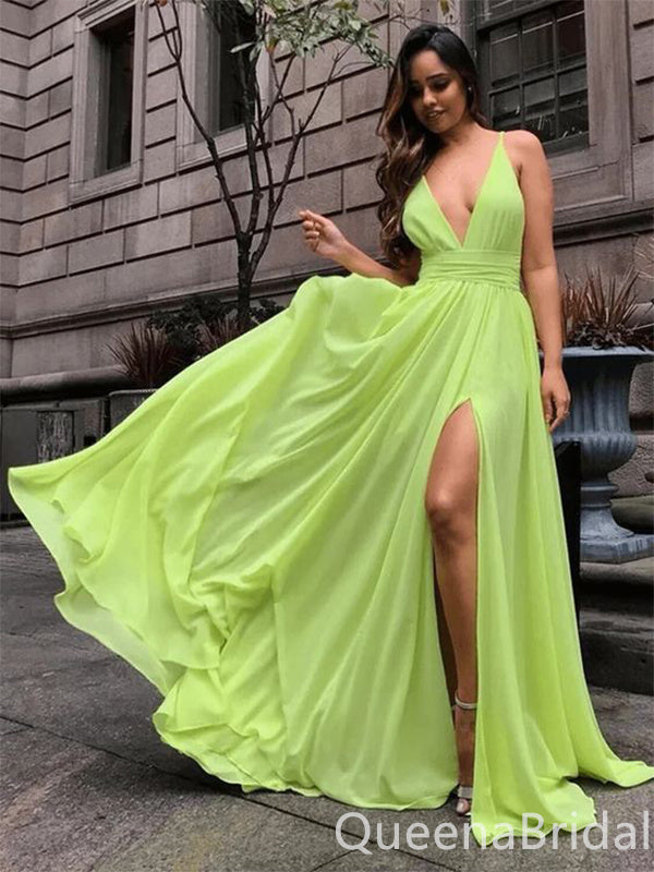 Green Plunging A-line Fluffy Evening Gown Maxi Long Evening Party Prom Dresses with Slit,WGP1178