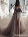 Sexy Plunging Beaded Sparkle Deep V-neck A-line Evening Gown Tulle Long Formal Dresses Prom Dresses ,WGP767