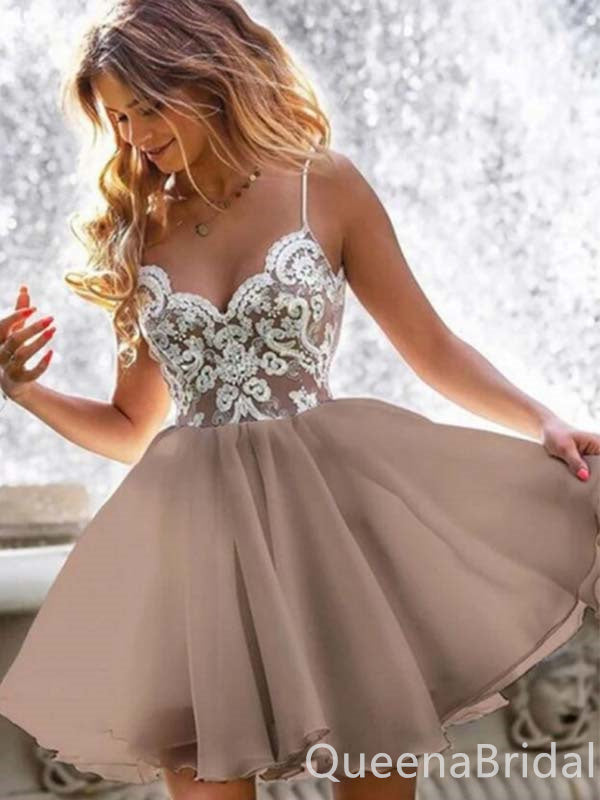 Gorgeous Elegant A-line Lace Appliques Spaghetti Straps Short Homecoming Dresses with Pleats, QB0610