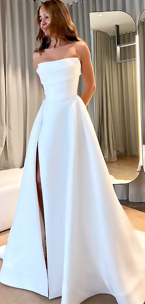 Elegant White Strapless Side Slit A-Line Long Wedding Dresses,WGP204