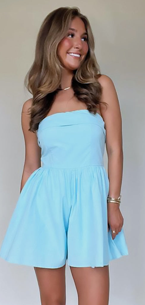 Elegant Blue Pantskirt Strapless Satin A-Line Cheap Simple Short Homecoming Dresses,QB0421