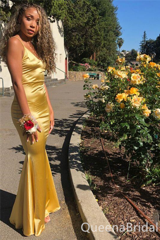 Gold V Neck Spaghetti Straps Mermaid Evening Gown Maxi Long Evening Party Prom Dresses ,WGP1115