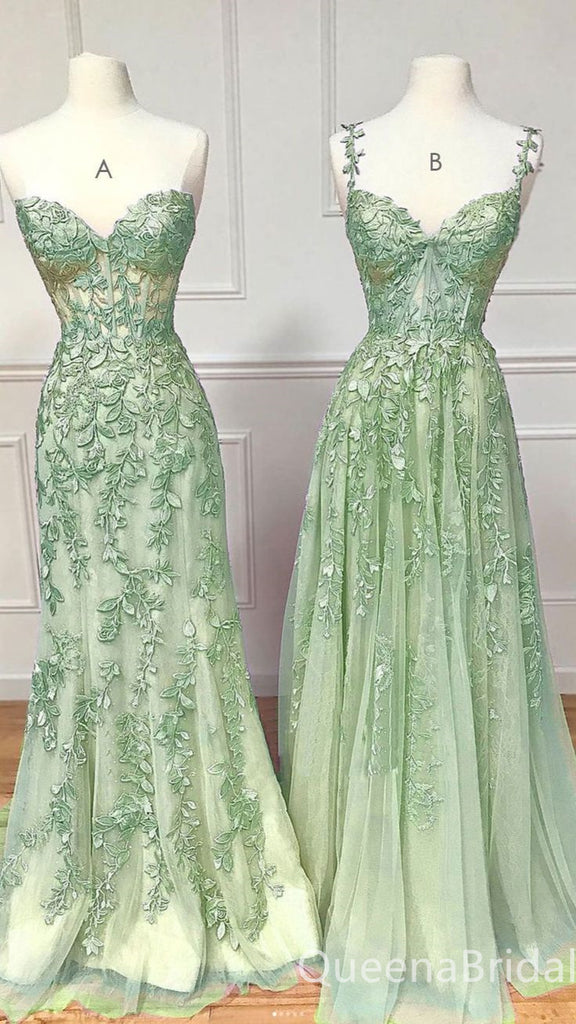 Elegant Blue/Green Lace Appliques A-line Evening Party Dress Long Prom Dresses to Impress ,WGP1377