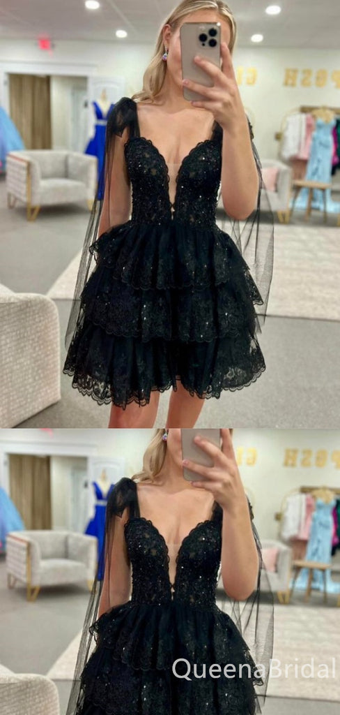 Sexy Black Sparkle A-line Lace Appliques Plunging Short Homecoming Dresses with Ruffles , QB0630