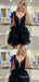 Sexy Black Sparkle A-line Lace Appliques Plunging Short Homecoming Dresses with Ruffles , QB0630