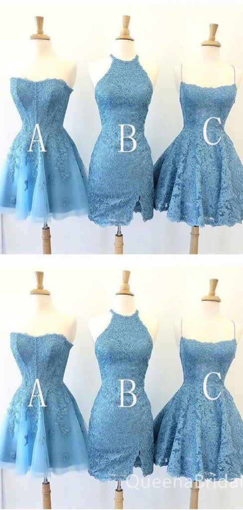 Mismatched Blue Elegant Lace Appliques Graduation Party Homecoming Dresses,QB0668