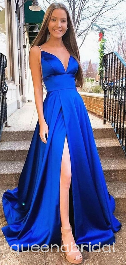 Royal Blue V Neck A-line  Evening Gown Maxi Long Evening Party Prom Dresses with Slit ,WGP1034