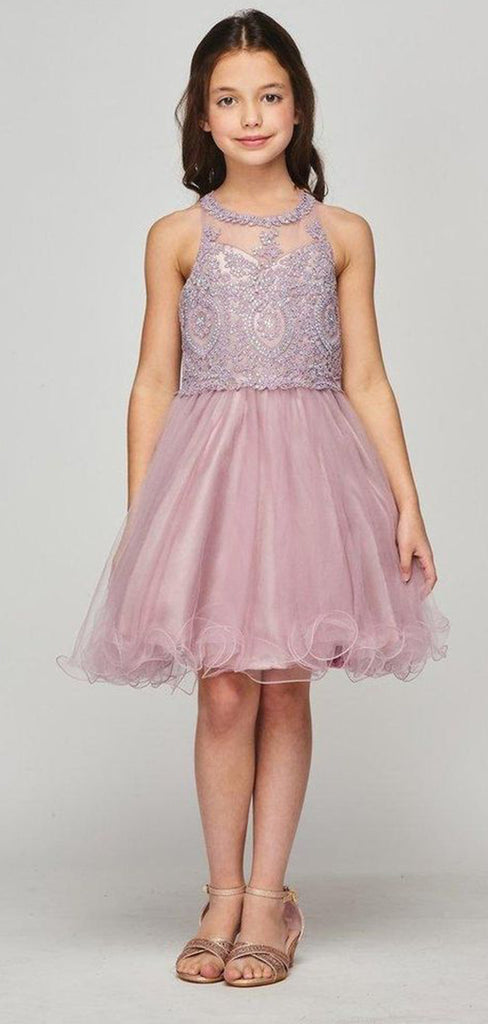 Elegant A-line Jewel Neck Lace Appliques Tulle Flower Girl Dresses with Ruffles, FGS0050