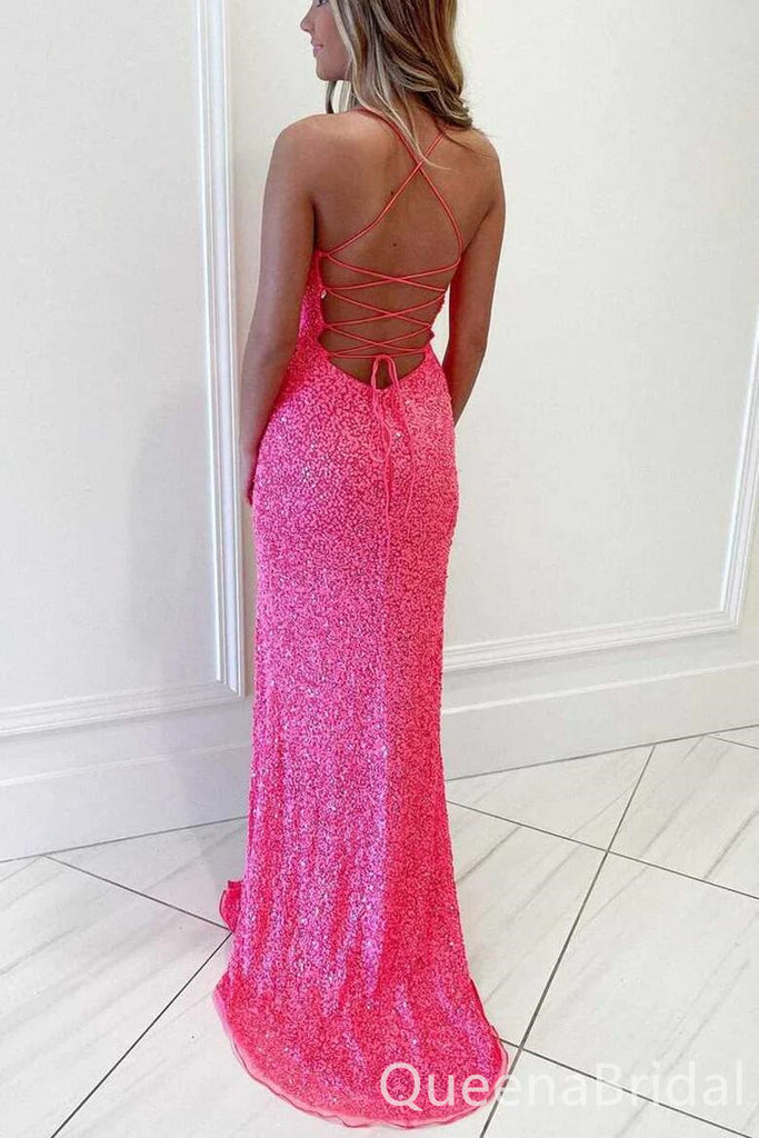 Pink Spaghetti Straps Lace Up Back Evening Gown Maxi Long Formal Dresses Prom Dresses with Side Slit,WGP961