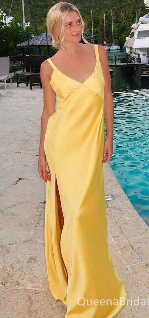 Sexy Elegant Column Yellow V Neck Open Back Evening Gown Long Prom Dresses ,WGP701