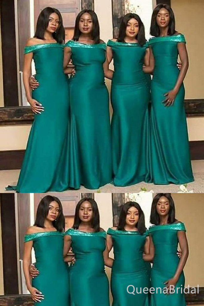 Green Sparkle Off Shoulder Mermaid Plunging Long Bridesmaid Dresses , BDS0194