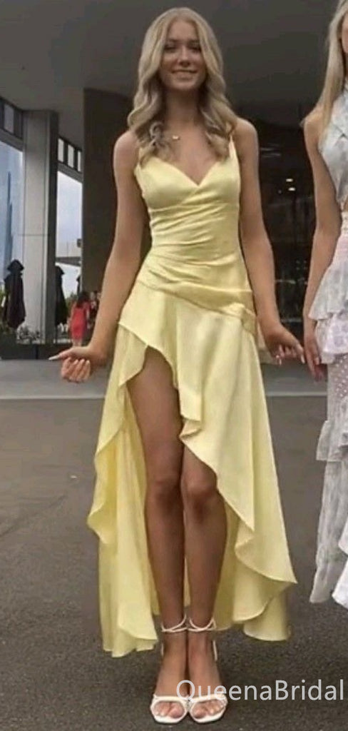 Elegant Light Yellow A-line V-neck Spaghetti Straps Asymmetrical Evening Gown Maxi Long Formal Dresses Prom Dresses ,WGP878