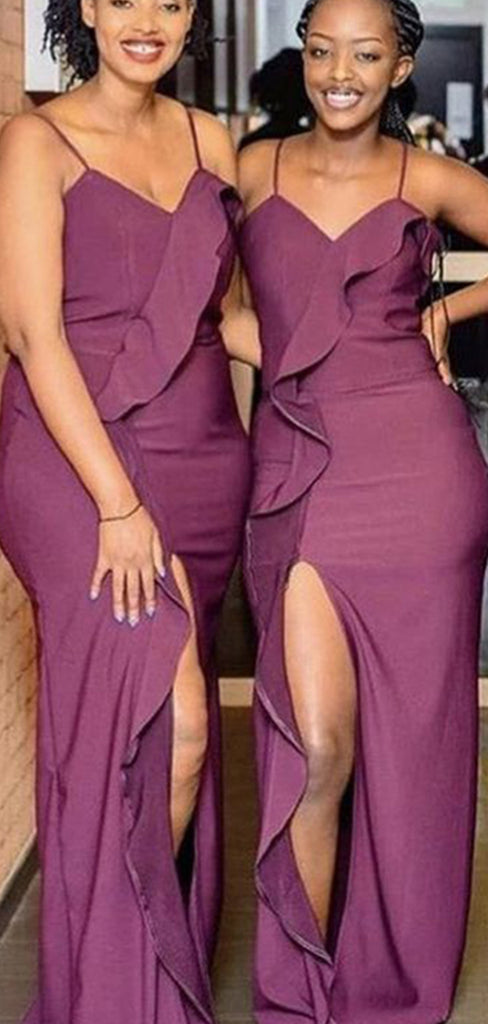 Sexy Dark Purple Spaghetti Straps Ruffle Side Slit Satin Simple Cheap Mermaid Long Bridesmaid Dresses, BDS0219