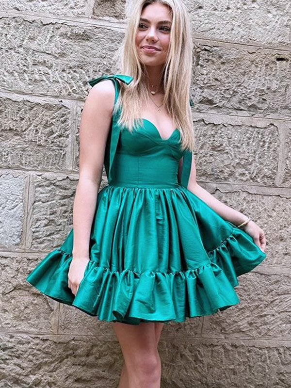 Elegant Green Spaghetti Straps Ruffle Sleeveless Short Homecoming Dresses, QB0380