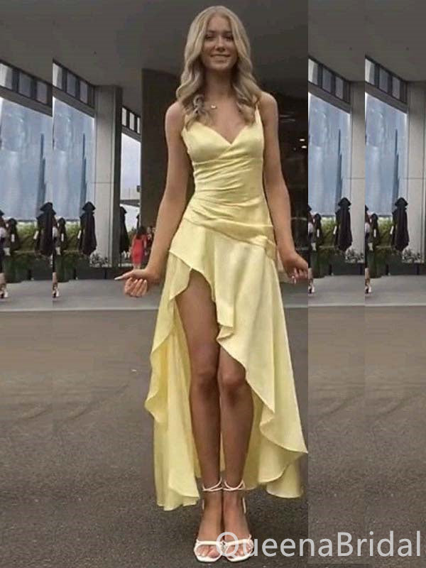 Elegant Light Yellow A-line V-neck Spaghetti Straps Asymmetrical Evening Gown Maxi Long Formal Dresses Prom Dresses ,WGP878