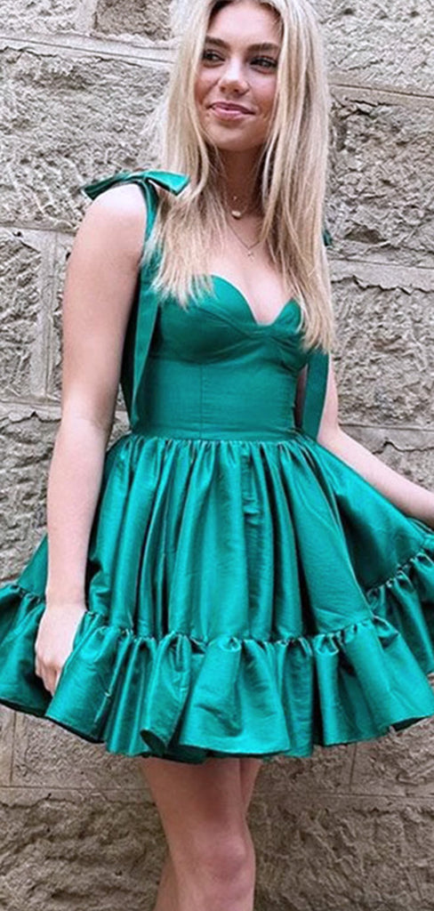 Elegant Green Spaghetti Straps Ruffle Sleeveless Short Homecoming Dresses, QB0380