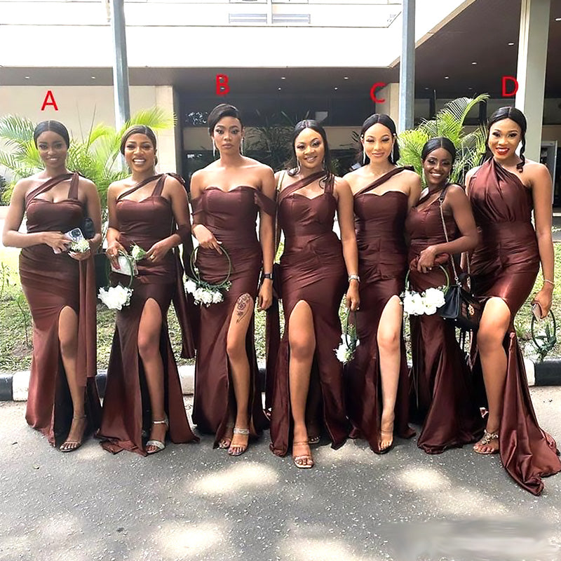 Mismached Chocolate Side Slit Simple Mermaid Long Cheap Charming Bridesmaid Dresses , BDS0152