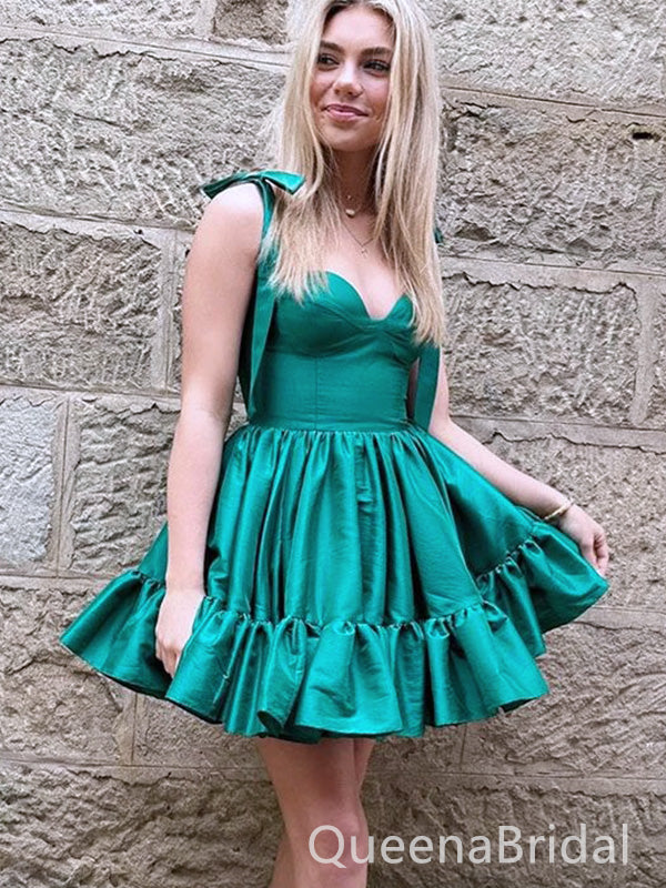 Elegant Green Spaghetti Straps Ruffle Sleeveless Short Homecoming Dresses, QB0380