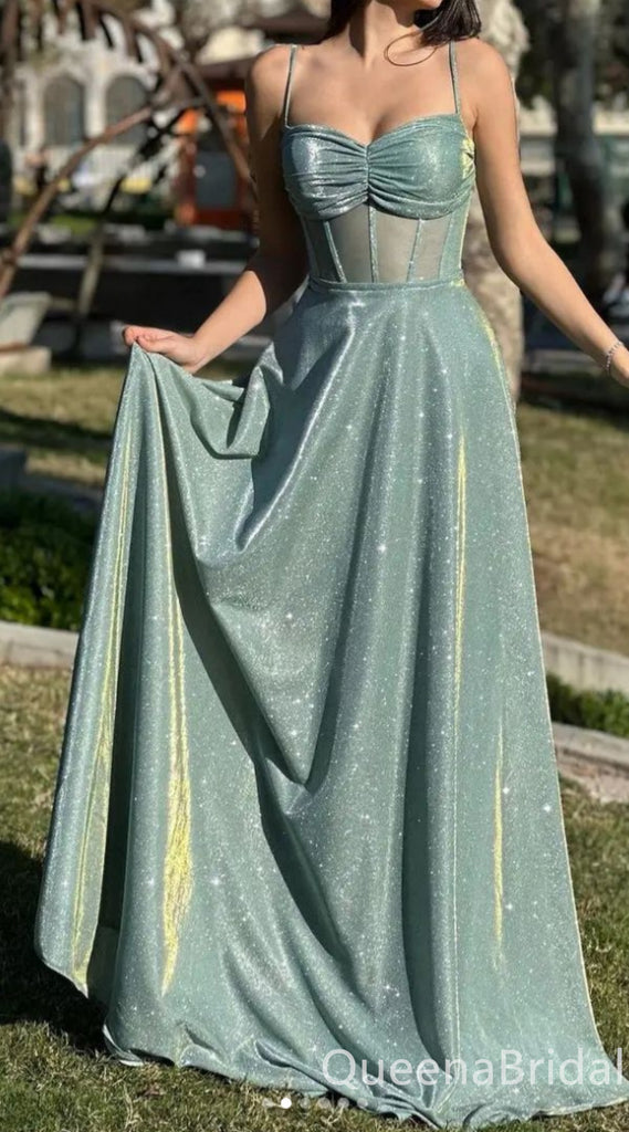 Sparkle Green Spaghetti Straps A-line Evening Gown Maxi Long Evening Party Prom Dresses ,WGP1199