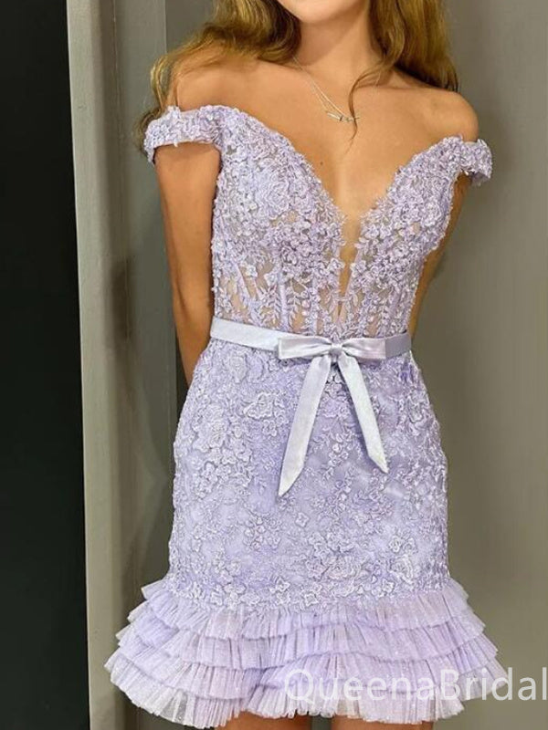 Sexy Off-the-shoulder Light Purple Plunging Mermaid Short Homecoming Dresses Tight with Ruffles, QB0626