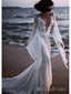 Elegant White Long Sleeves Lace Appliques Illusion V Neck Mermaid Long Wedding Dresses,WGP214