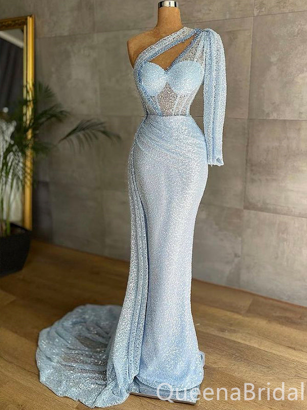 Stunning Blue One Shoulder Mermaid Party Dress Long Prom Dresses to Impress ,WGP1621