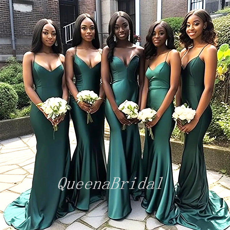 Elegant Green Spaghetti Straps V Neck Simple Mermaid Long Cheap Bridesmaid Dresses, BDS0153