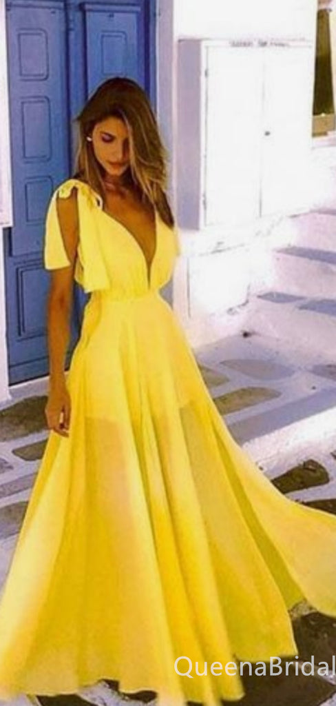 Sexy Yellow Plunging A-line Evening Gown Maxi Long Formal Dresses Prom Dresses,WGP923