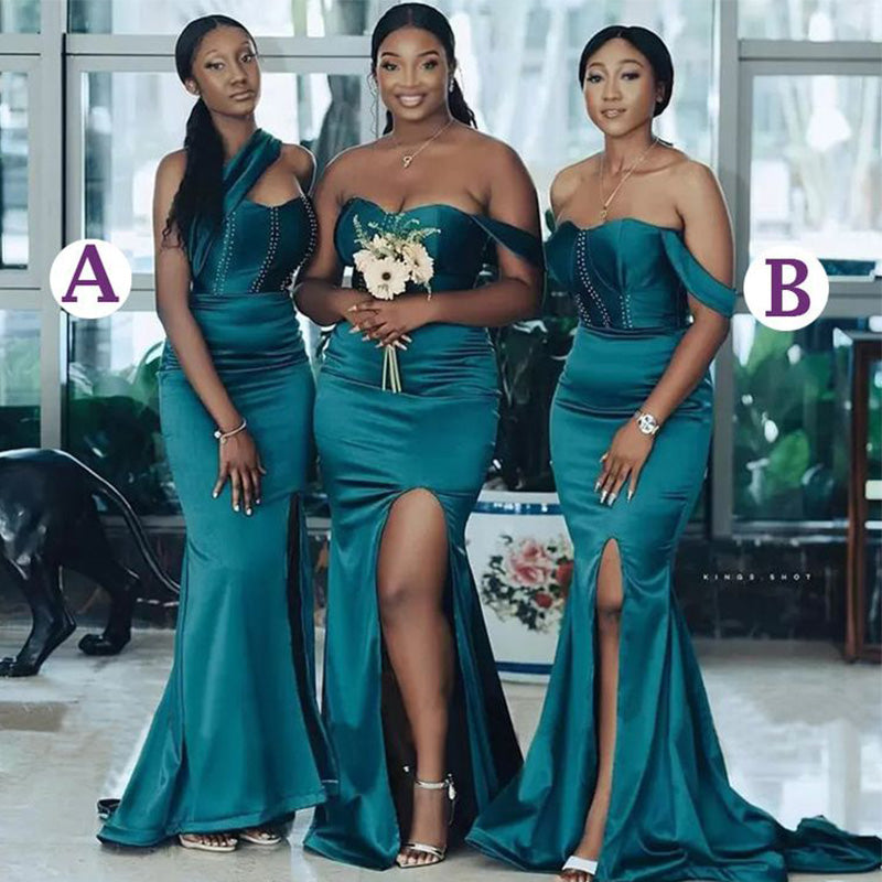 Mismatched Dark Green Soft Satin Mermaid Side Slit Long Cheap Elegant Bridesmaid Dresses, BDS0158