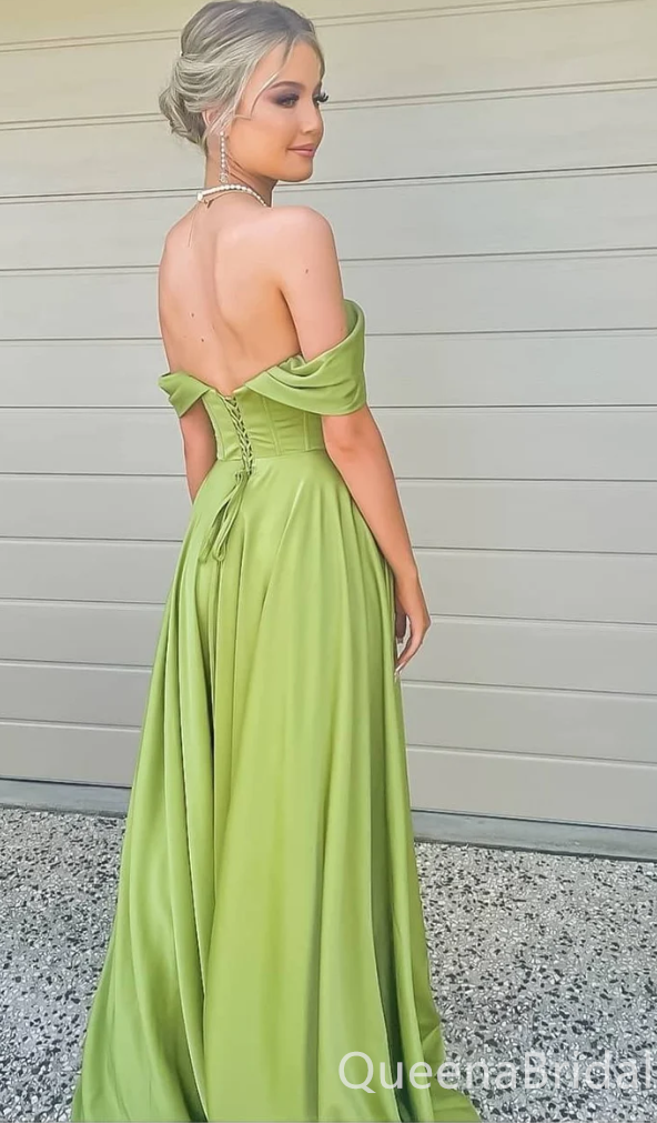 Olive Off-the-shoulder A-line Evening Gown Maxi Long Formal Dresses Prom Dresses with High Slit ,WGP993