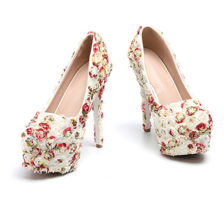 Women's Wedding Shoes Floral Lace Round Toe High Heels Decorative Heel Bridal Shoes,H23