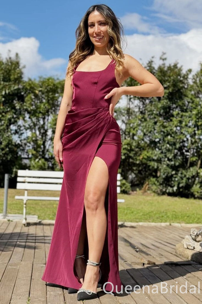 Gorgeous Sexy Square Neck Burgundy High Slit Evening Gown Long Prom Dresses with Pleats,WGP724