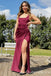 Gorgeous Sexy Square Neck Burgundy High Slit Evening Gown Long Prom Dresses with Pleats,WGP724