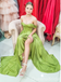 Olive Off-the-shoulder A-line Evening Gown Maxi Long Formal Dresses Prom Dresses with High Slit ,WGP993