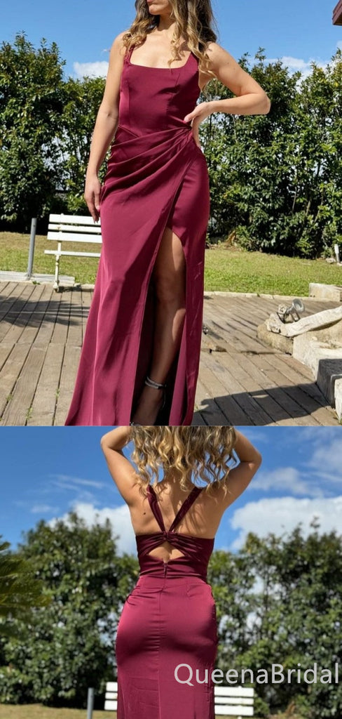 Gorgeous Sexy Square Neck Burgundy High Slit Evening Gown Long Prom Dresses with Pleats,WGP724