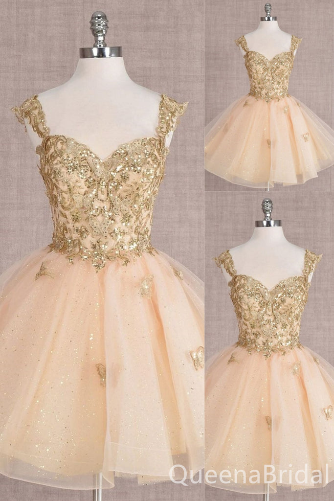 Champagne Lace Appliques Sweetheart A-line Graduation Party Short Homecoming Dresses , QB0806