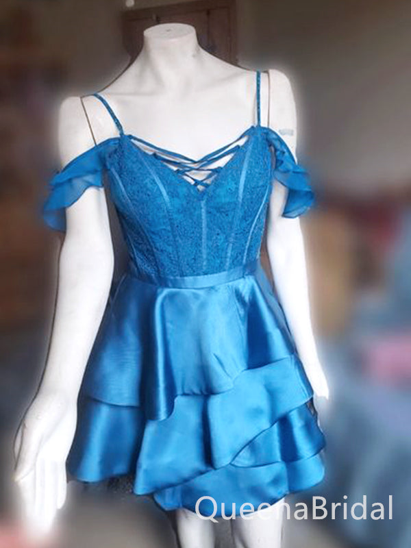 Elegant Blue Spaghetti Straps Off Shoulder Ruffles Simple Cheap Short Homecoming Dresses, QB0514