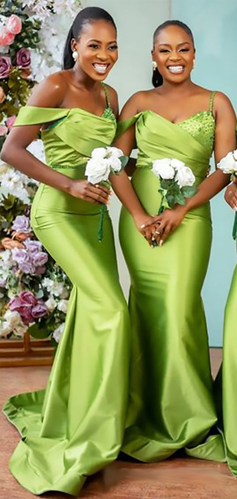 Unique Green Off Shoulder Beading Mermaid Long Cheap Bridesmaid Dresses,BDS0166