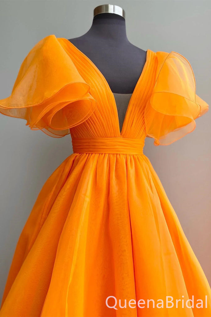 Orange Deep V-neck A-line Ball Gown Evening Gown Maxi Long Formal Dresses Prom Dresses with Bubble Sleeves,WGP965