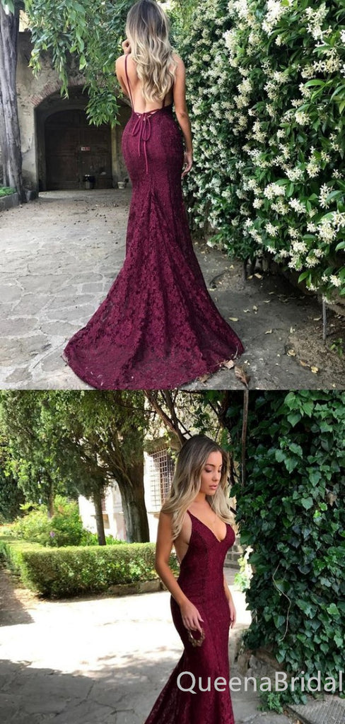 Sexy Gorgeous Spaghetti Straps Deep V-neck Open Back Lace Appliques Mermaid Evening Gown Maxi Long Formal Dresses Prom Dresses,WGP825