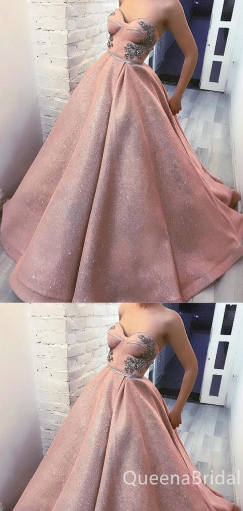 Charming Pink Sheer Corset A-line Sexy Sparkly Strapless Sweetheart Evening Gown Long Formal Dresses Prom Dresses with Ruffles,WGP789