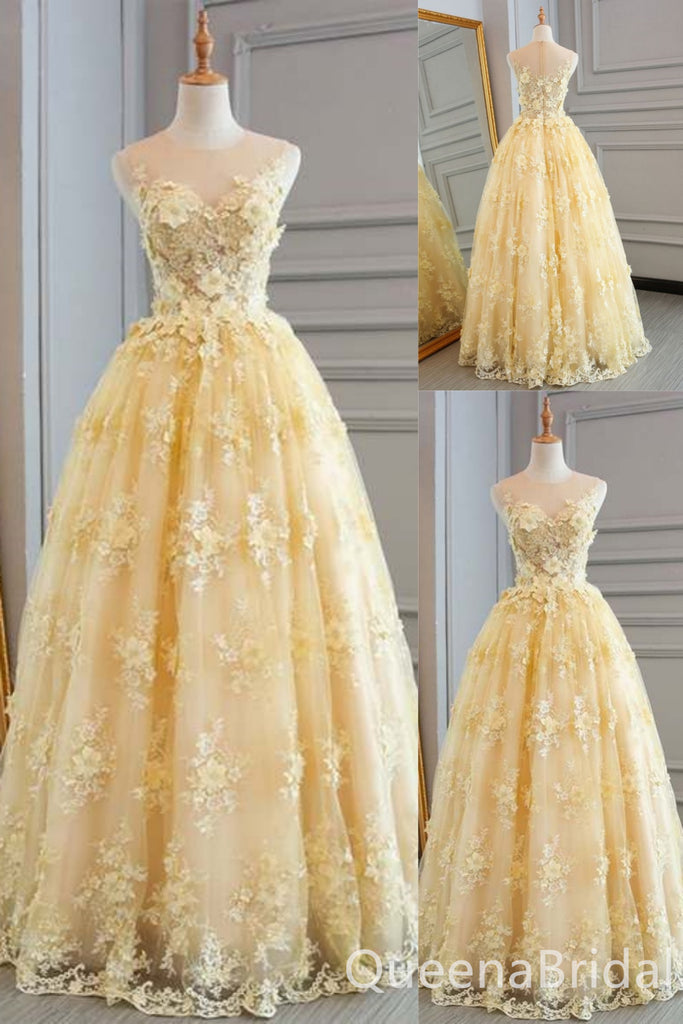 Light Yellow Illusion Lace Appliques A-line Evening Gown Maxi Long Evening Party Prom Dresses ,WGP1128