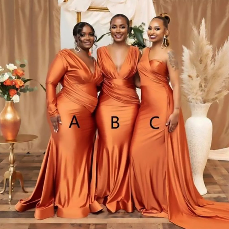 Mismached Orange V Neck Pleats Mermaid Long Cheap Bridesmaid Dresses,BDS0168