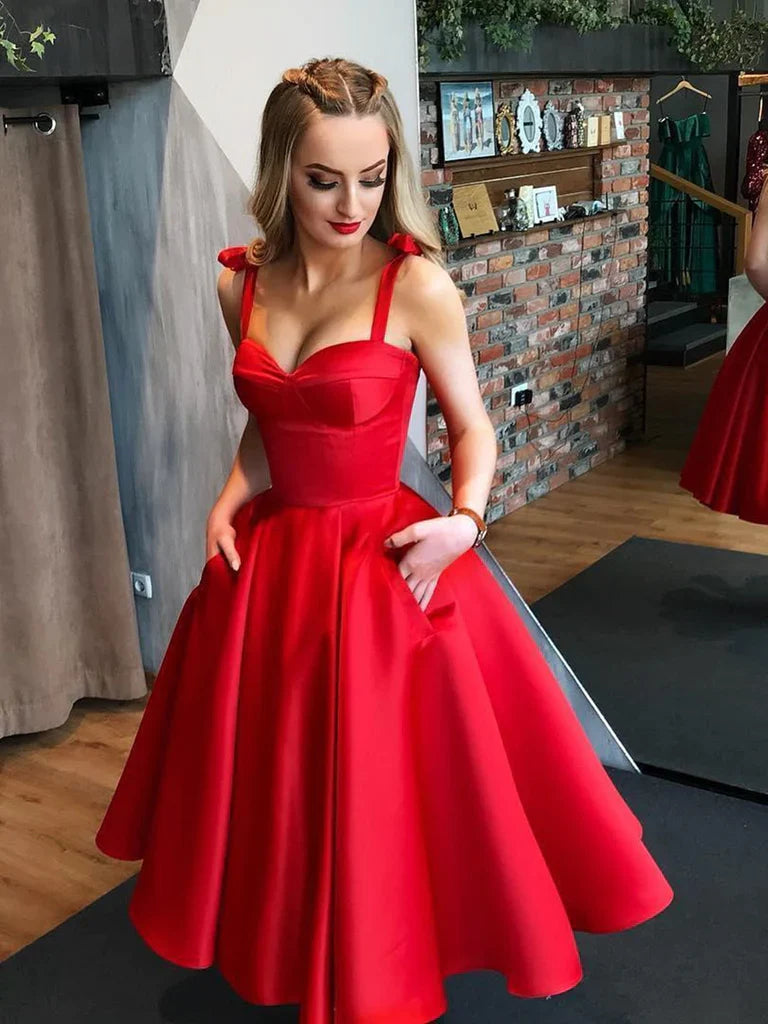 Elegant Red Ruffle Simple Spaghetti Straps Cheap Sleeveless Homecoming Dresses,QB0383