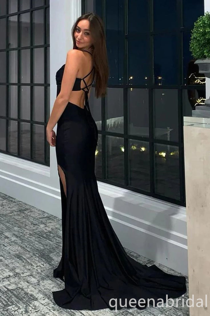 Black Spaghetti Straps Sweetheart Criss Cross Mermaid Evening Gown Maxi Long Evening Party Prom Dresses with Side Slit ,WGP1053