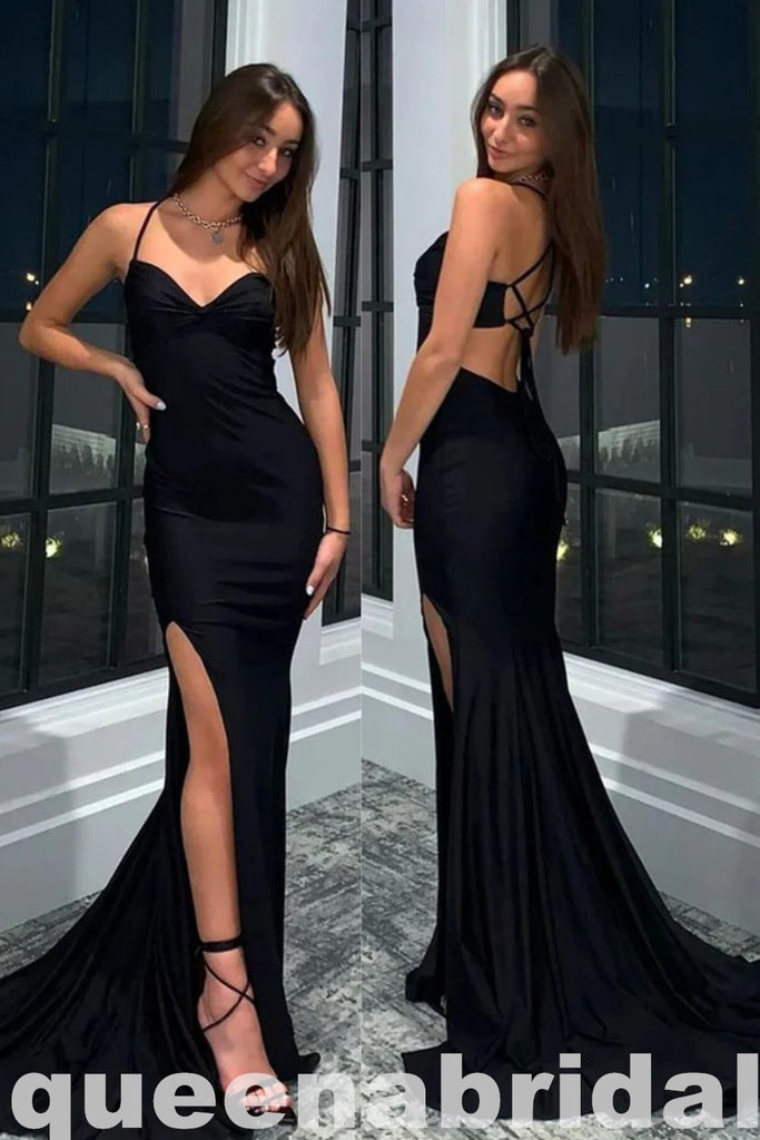 Black Spaghetti Straps Sweetheart Criss Cross Mermaid Evening Gown Maxi Long Evening Party Prom Dresses with Side Slit ,WGP1053