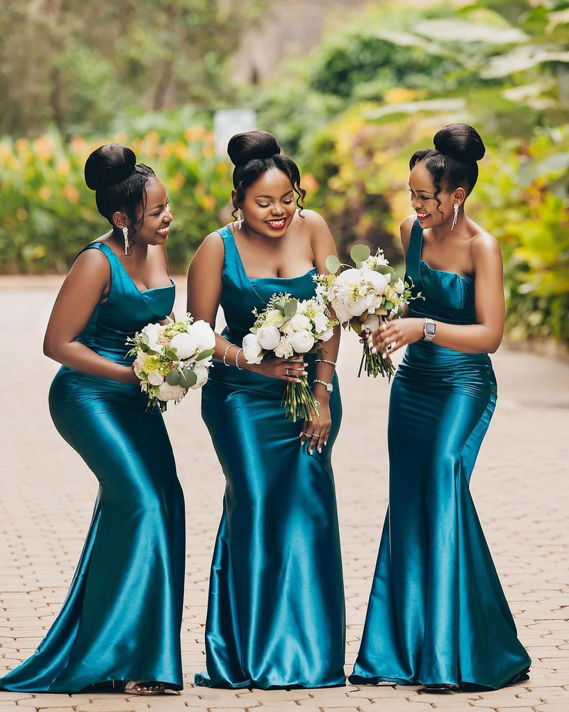 Elegant Blue One Shoulder Mermaid Long Cheap Bridesmaid Dresses ,BDS0169