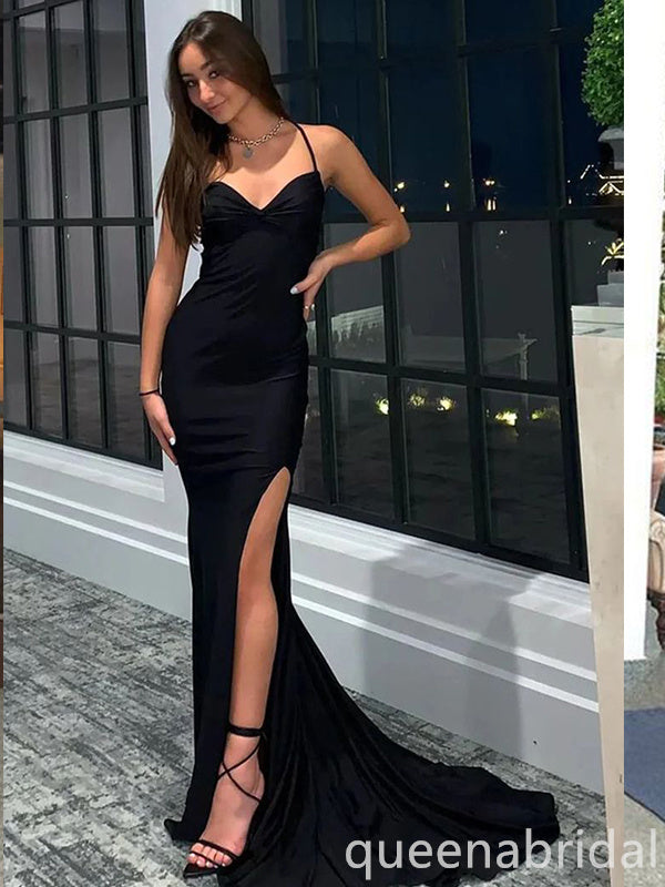 Black Spaghetti Straps Sweetheart Criss Cross Mermaid Evening Gown Maxi Long Evening Party Prom Dresses with Side Slit ,WGP1053