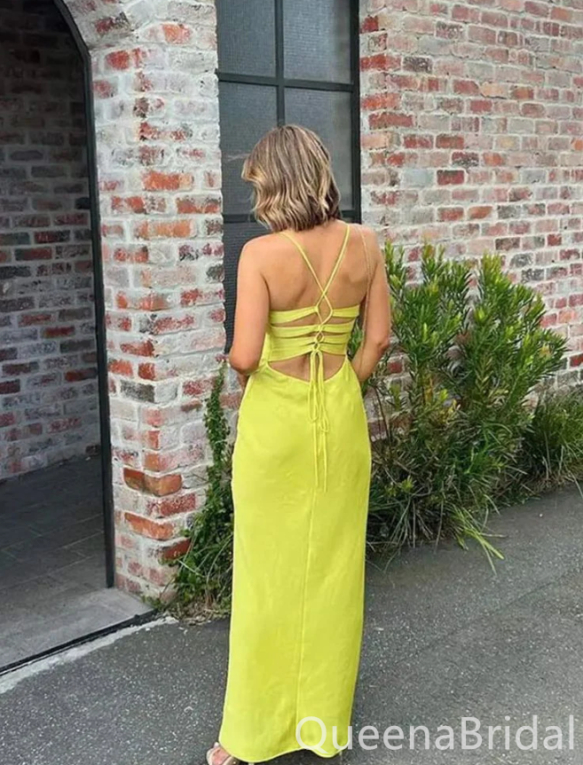 Sexy Yellow Plunging Spaghetti Straps Sheath Evening Gown Maxi Long Formal Dresses Prom Dresses ,WGP881