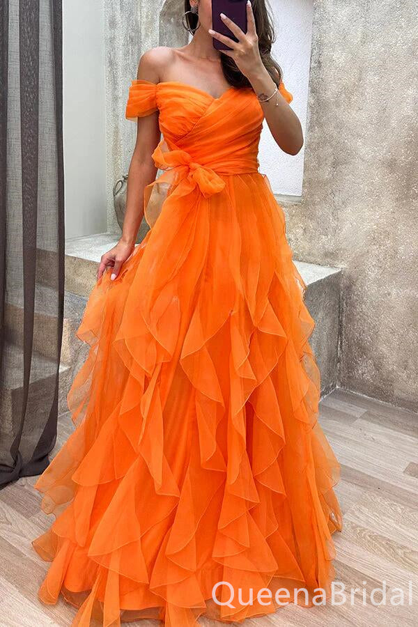 Orange Fluffy Off Shoulder A-line Evening Gown Maxi Long Evening Party Prom Dresses ,WGP1130